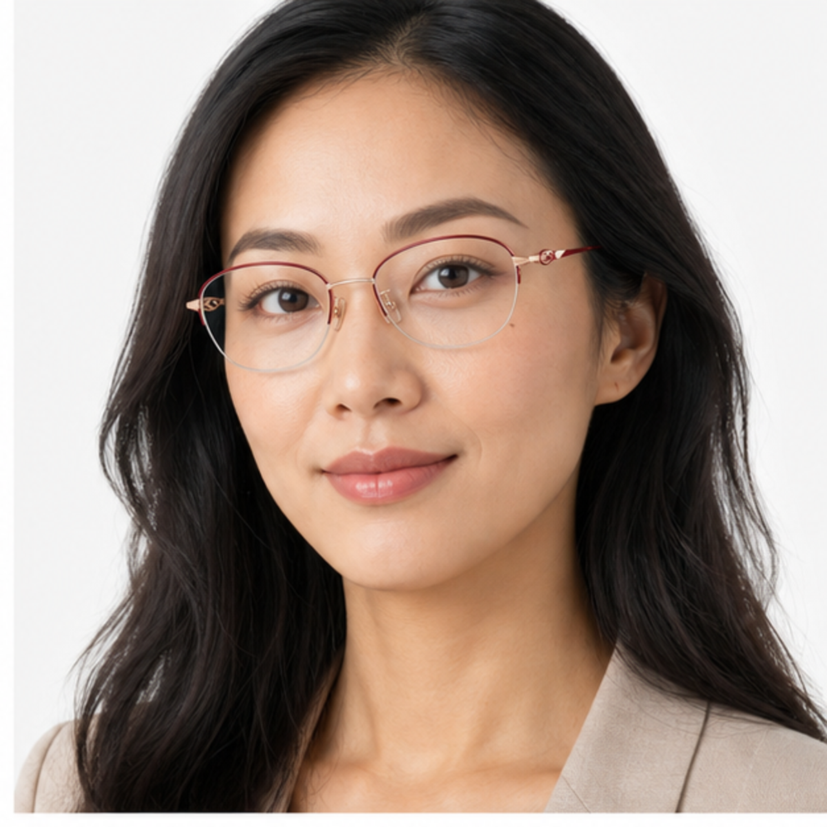 Burgundy/Rose Gold graceful pure-titanium semi-rimless glasses worn by an adult East Asian Woman