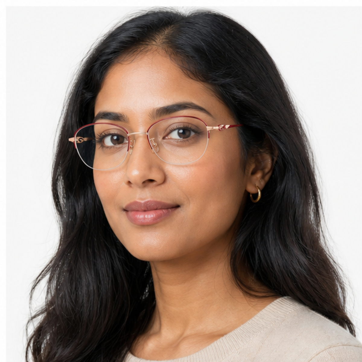 Burgundy/Rose Gold graceful pure-titanium semi-rimless glasses worn by an adult South Asian Woman