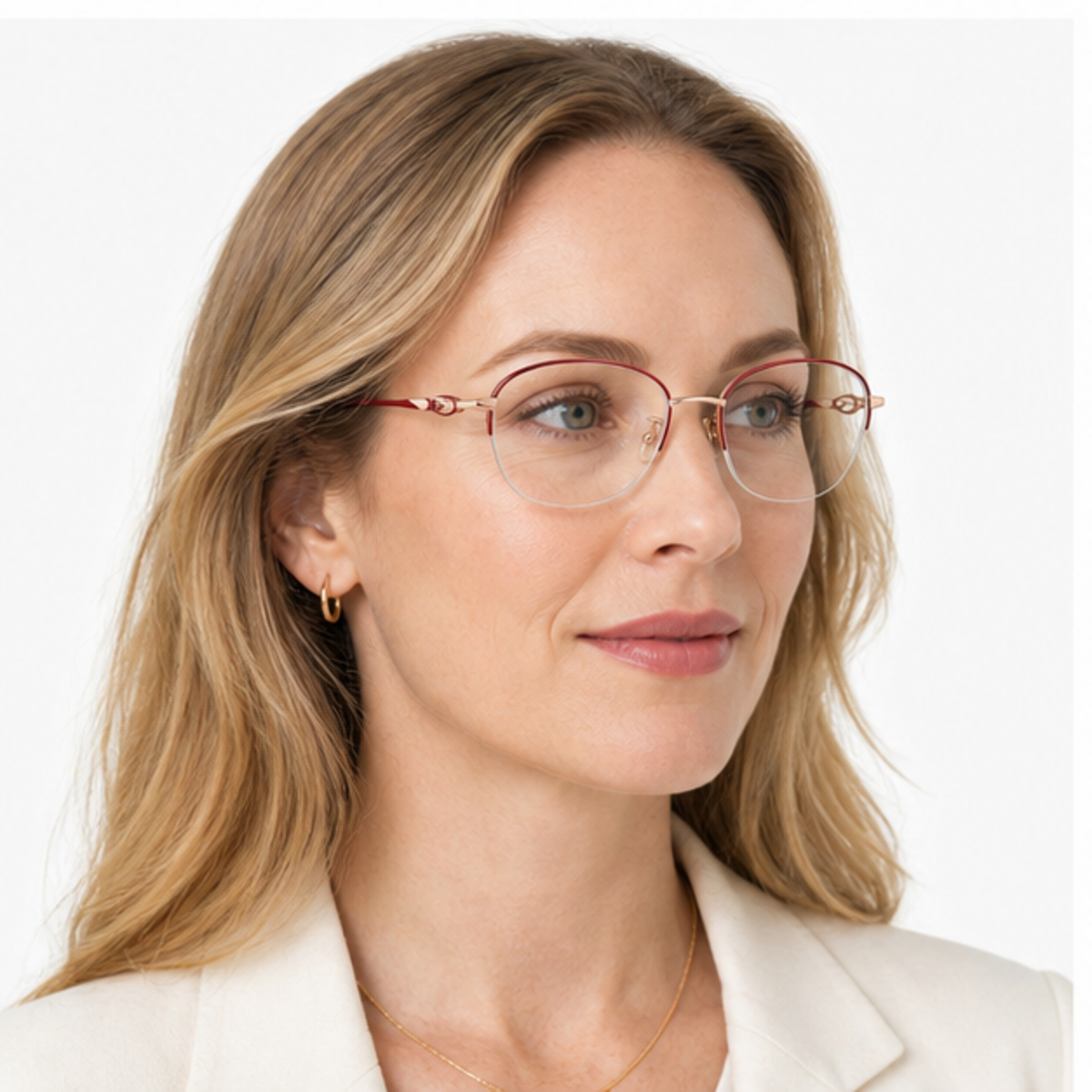 Burgundy/Rose Gold graceful pure-titanium semi-rimless glasses worn by an adult White Woman