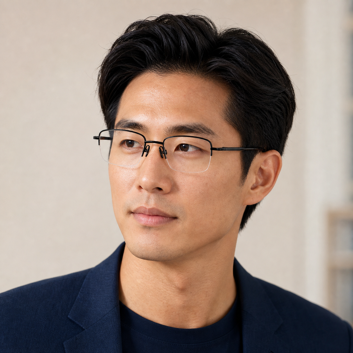 Black Business Part-Titanium Semi-Rimless Glasses worn by an adult East Asian man