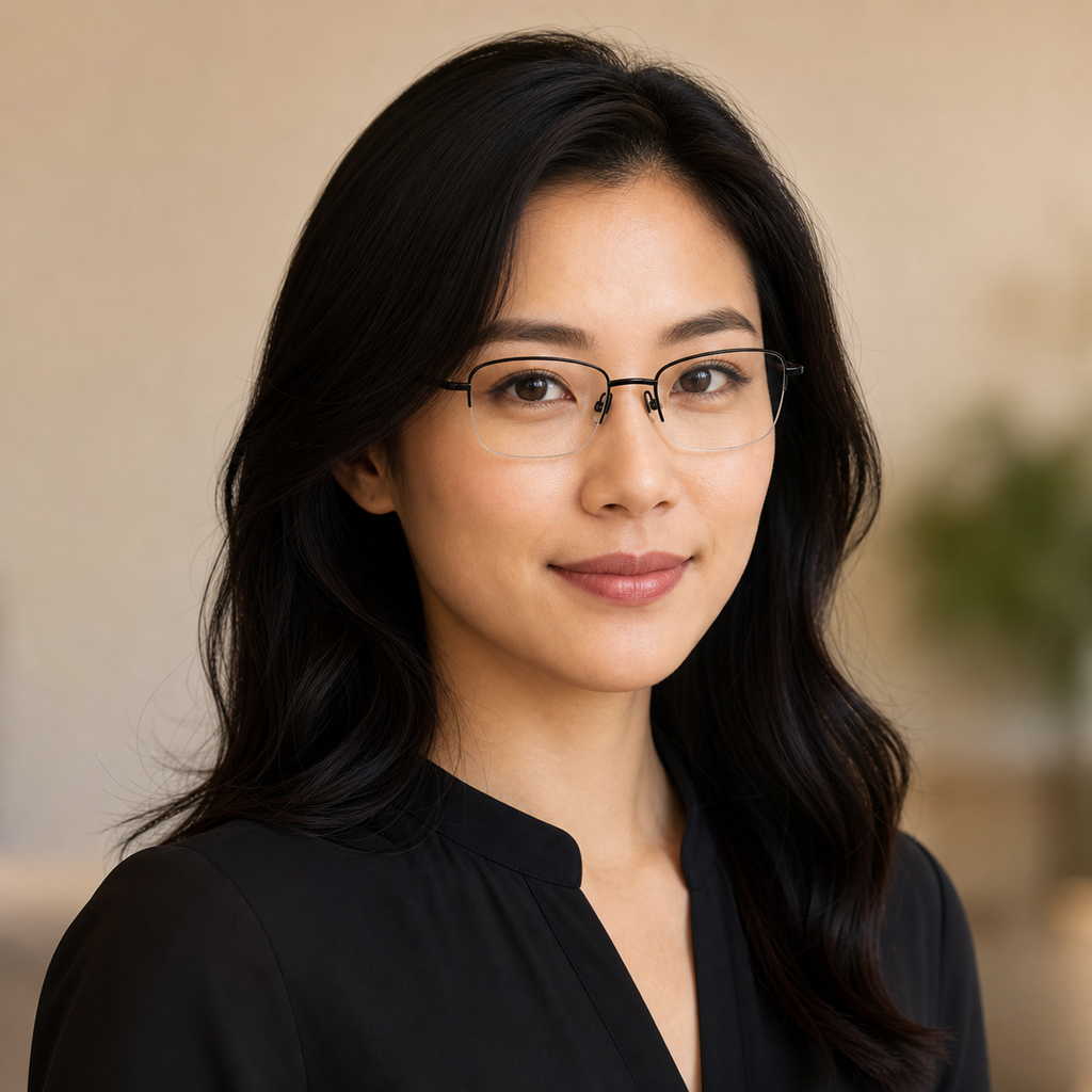 Black Business Part-Titanium Semi-Rimless Glasses worn by an adult East Asian woman