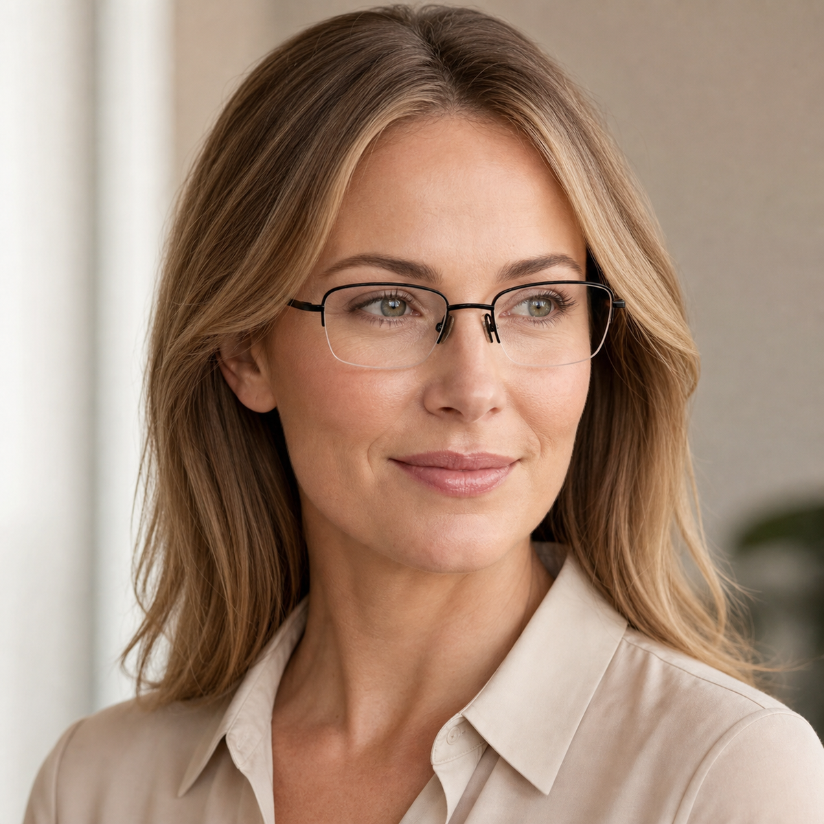 Black Business Part-Titanium Semi-Rimless Glasses worn by an adult White woman