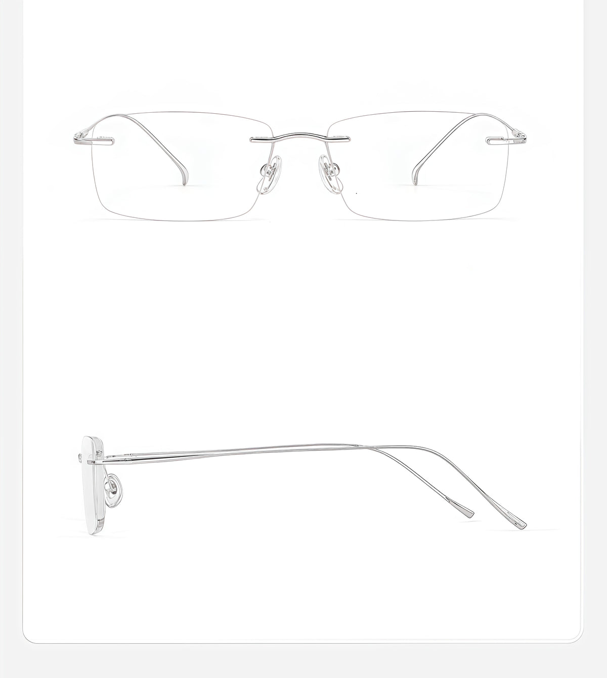 Silver women's titanium rimless rectangular glasses in front and side product views