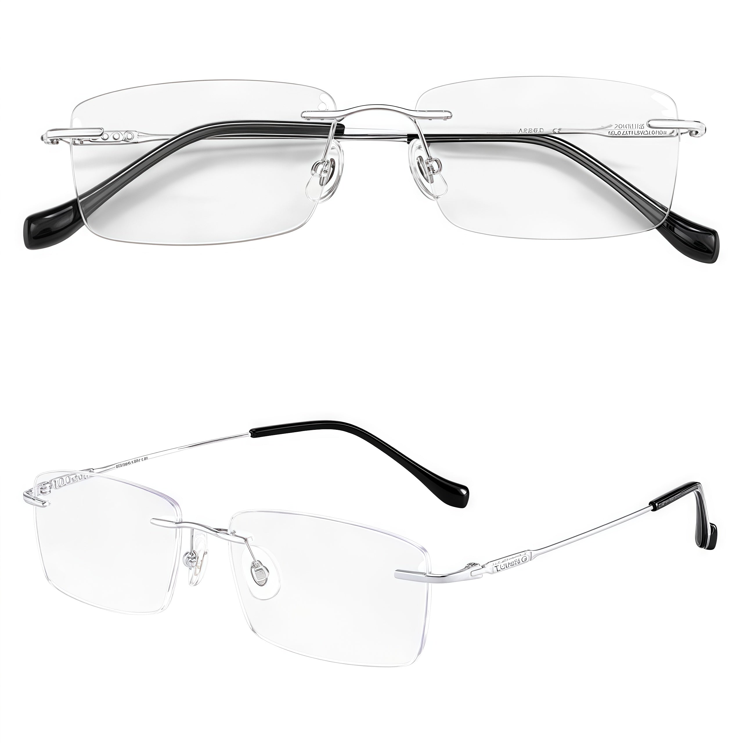 Black/Silver unisex pure titanium rimless slim rectangular eyeglass frames, product view