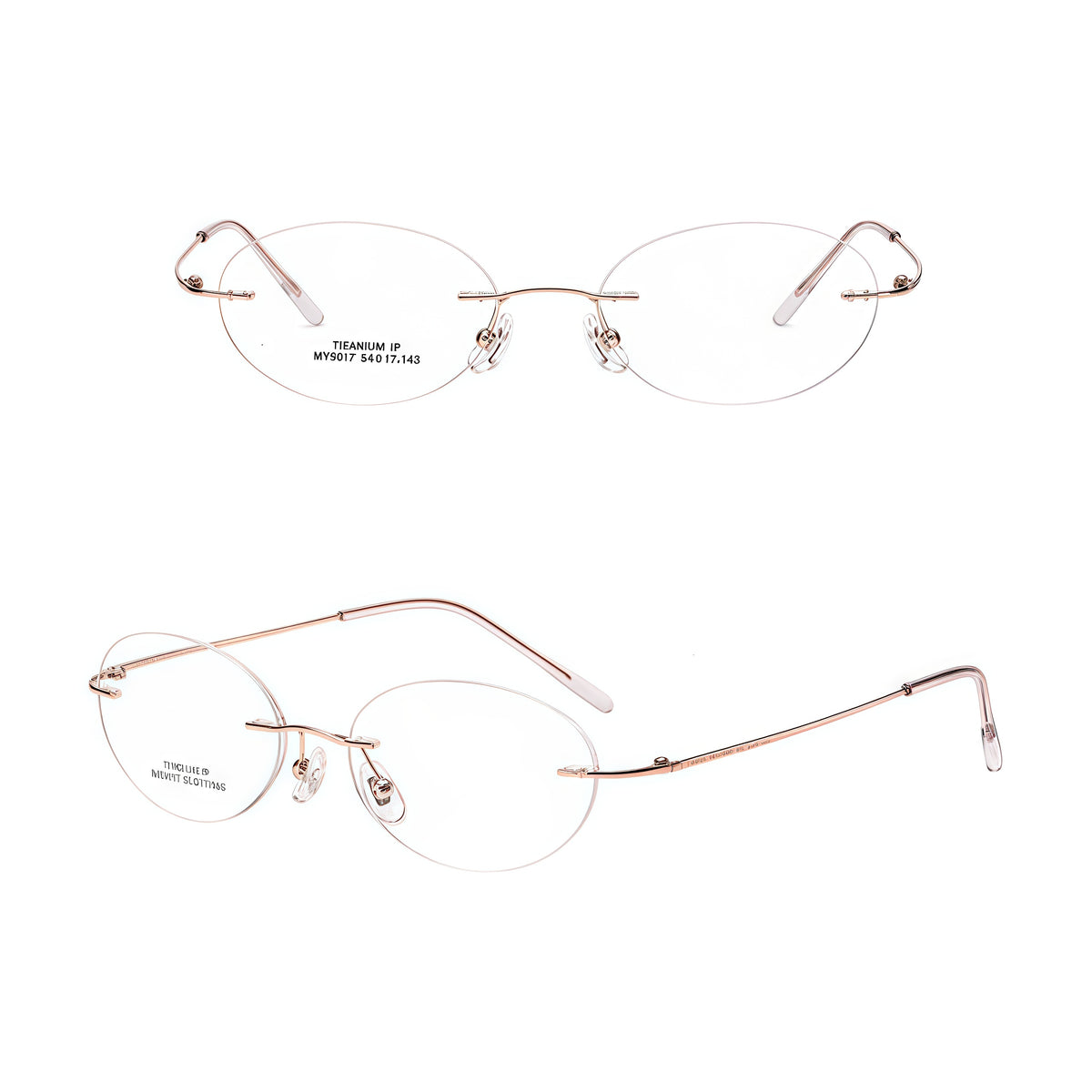 Rose Gold women's titanium rimless oval glasses, supplier front and three-quarter views