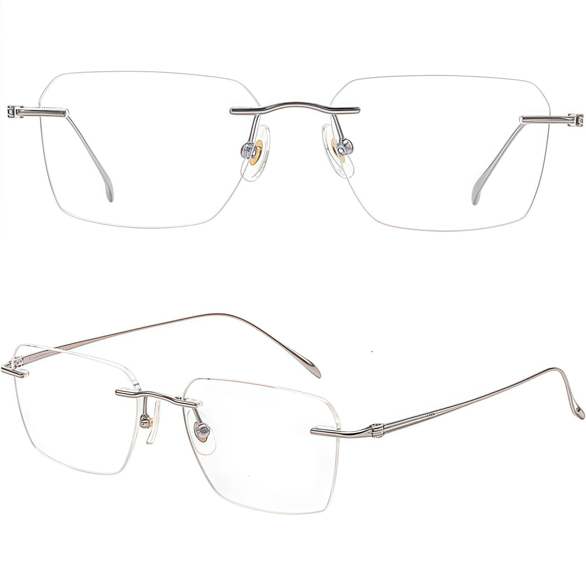 Gunmetal unisex semi-titanium rimless wave-bridge glasses, front and 45-degree composite