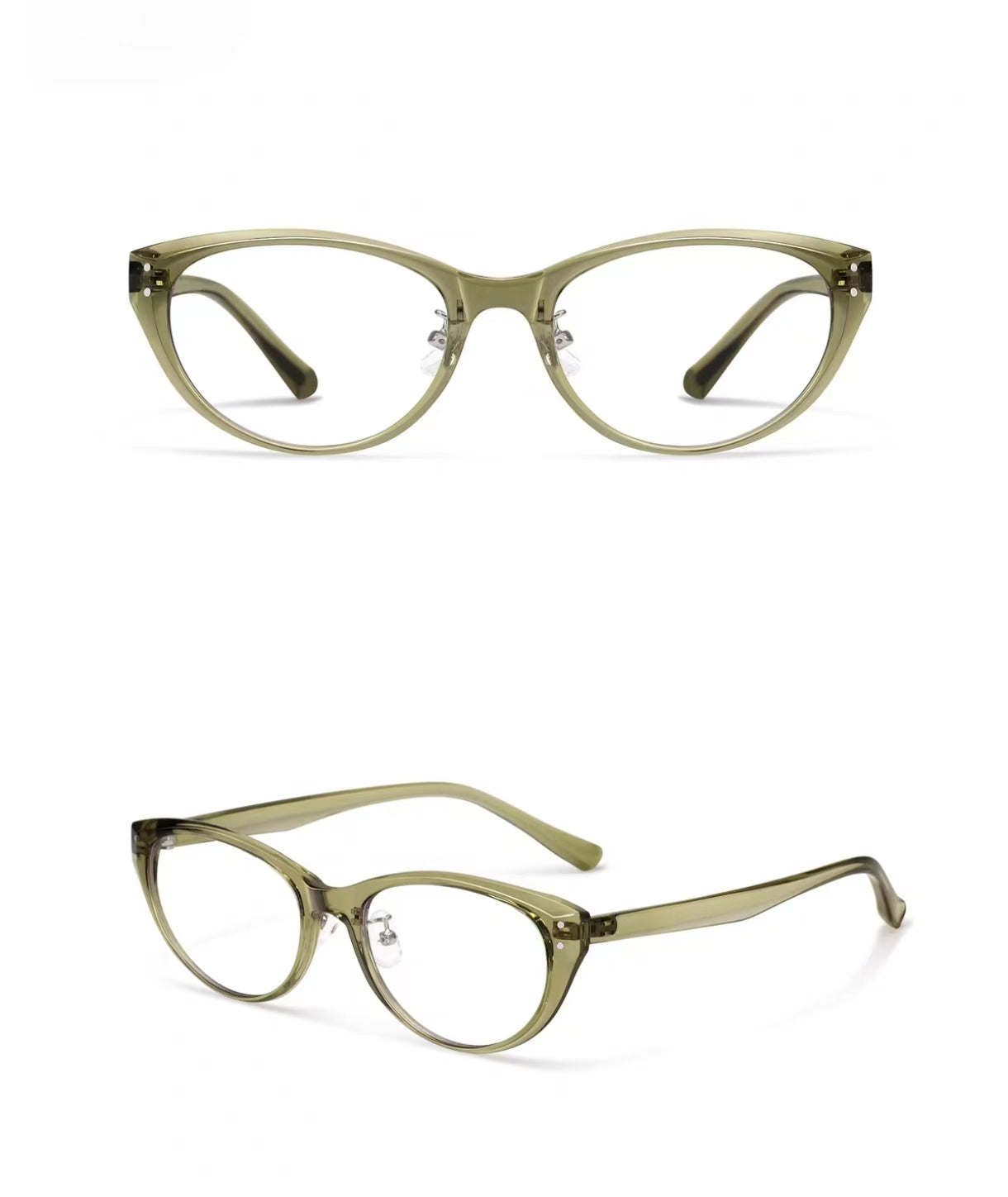 Olive Green women's TR90 cat-eye glasses, original front-and-45-degree composite detail