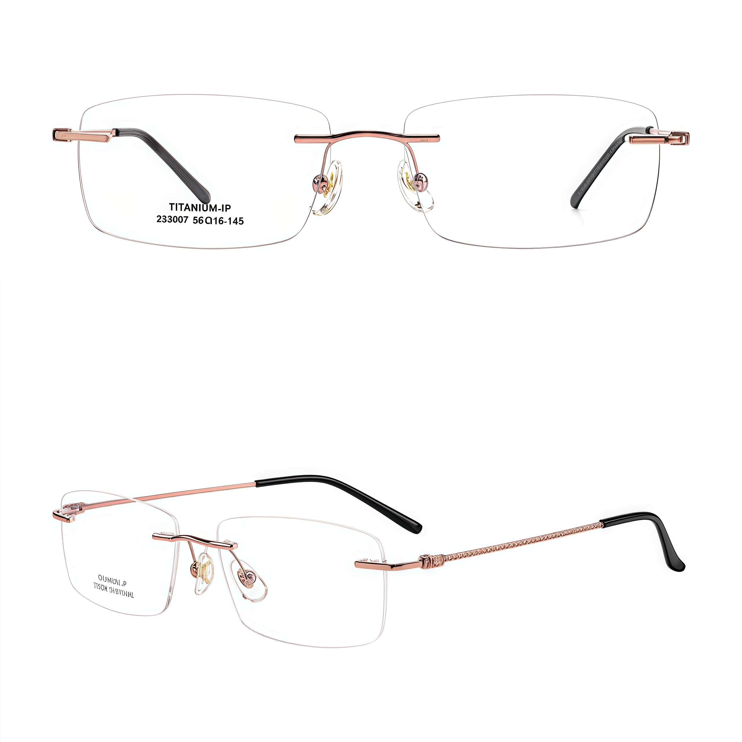 Rose Gold semi-titanium rimless glasses, front and 45-degree composite detail