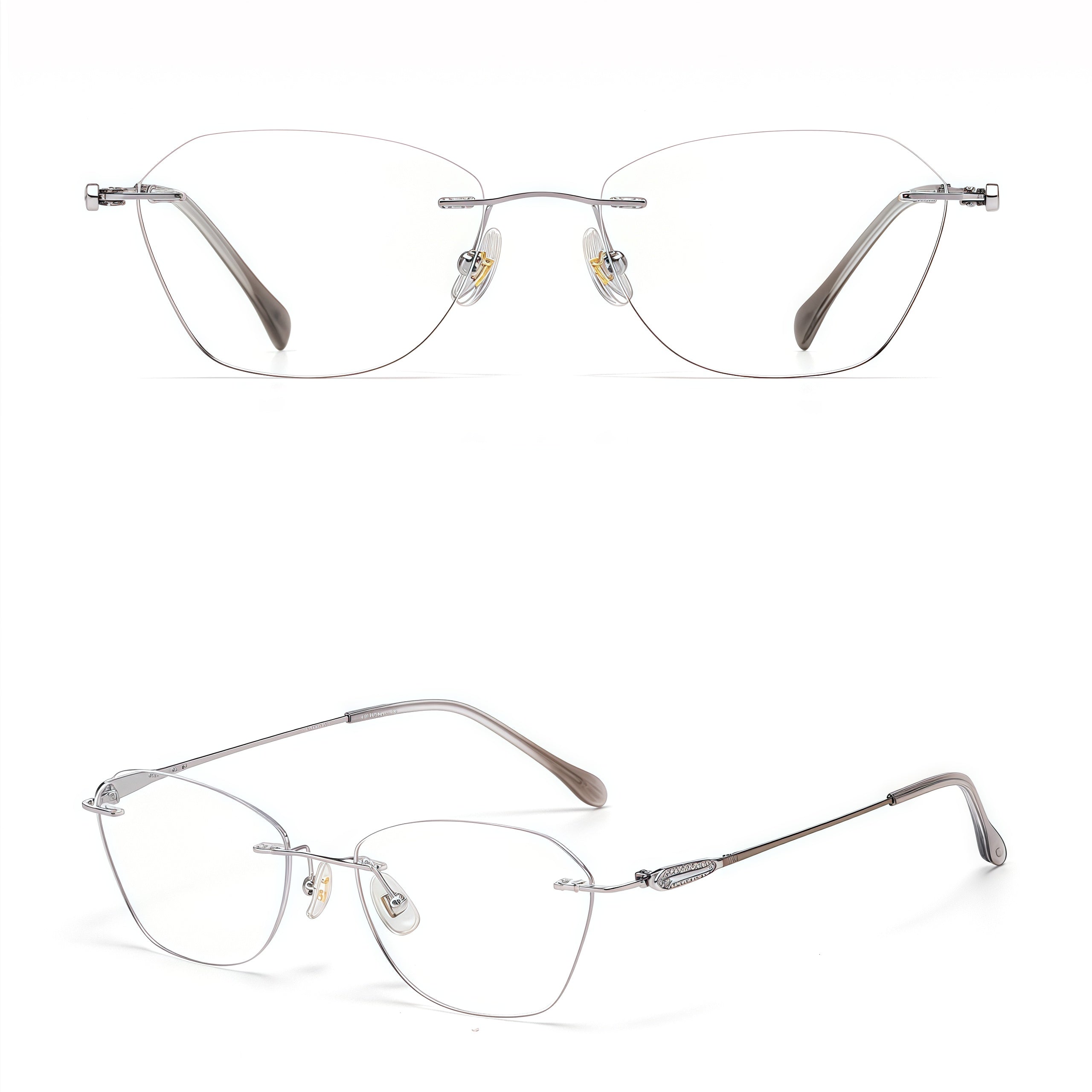 Silver women's titanium rimless leaf-filigree glasses, front and 45-degree composite