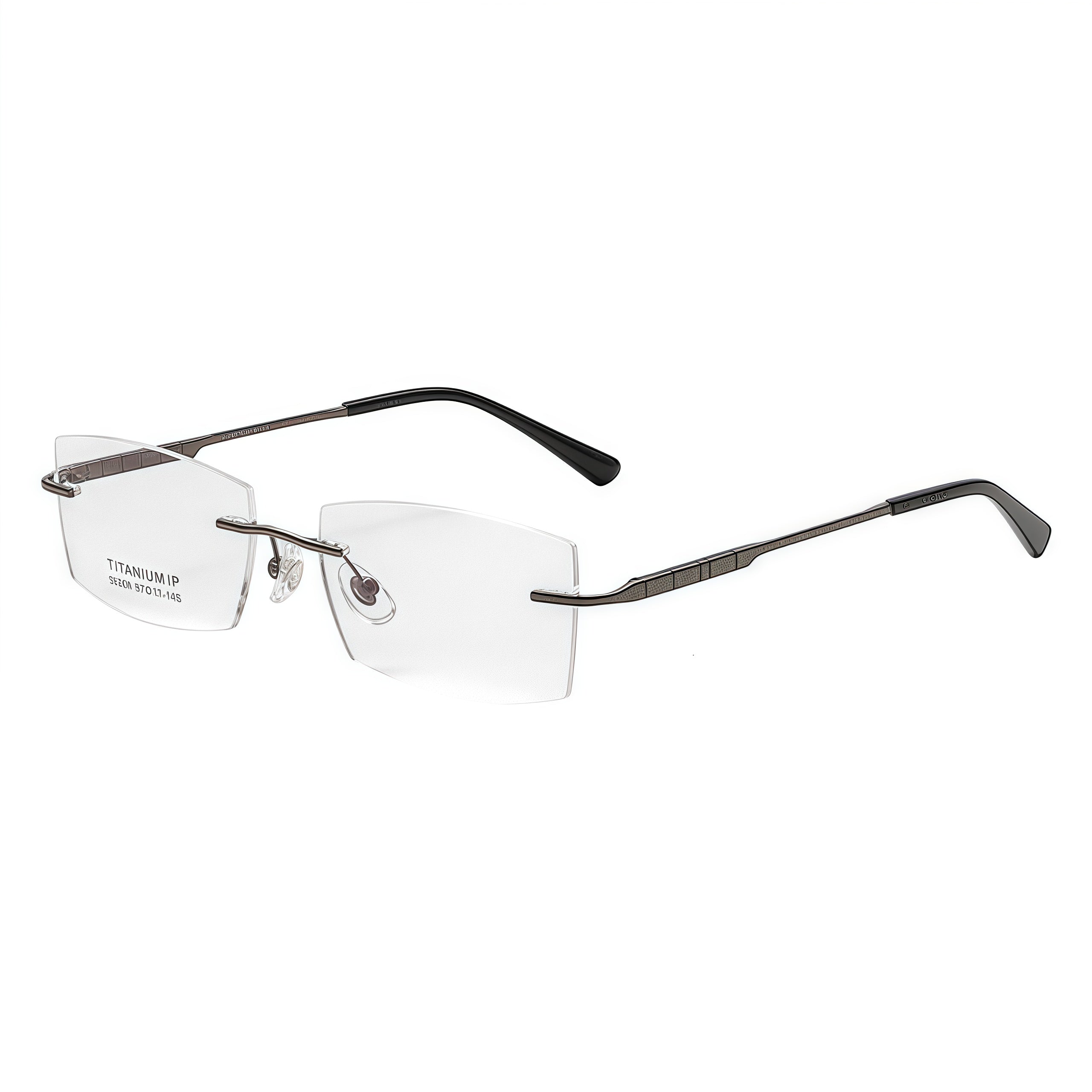 Gunmetal men pure titanium narrow rectangular rimless eyeglasses, 45-degree view