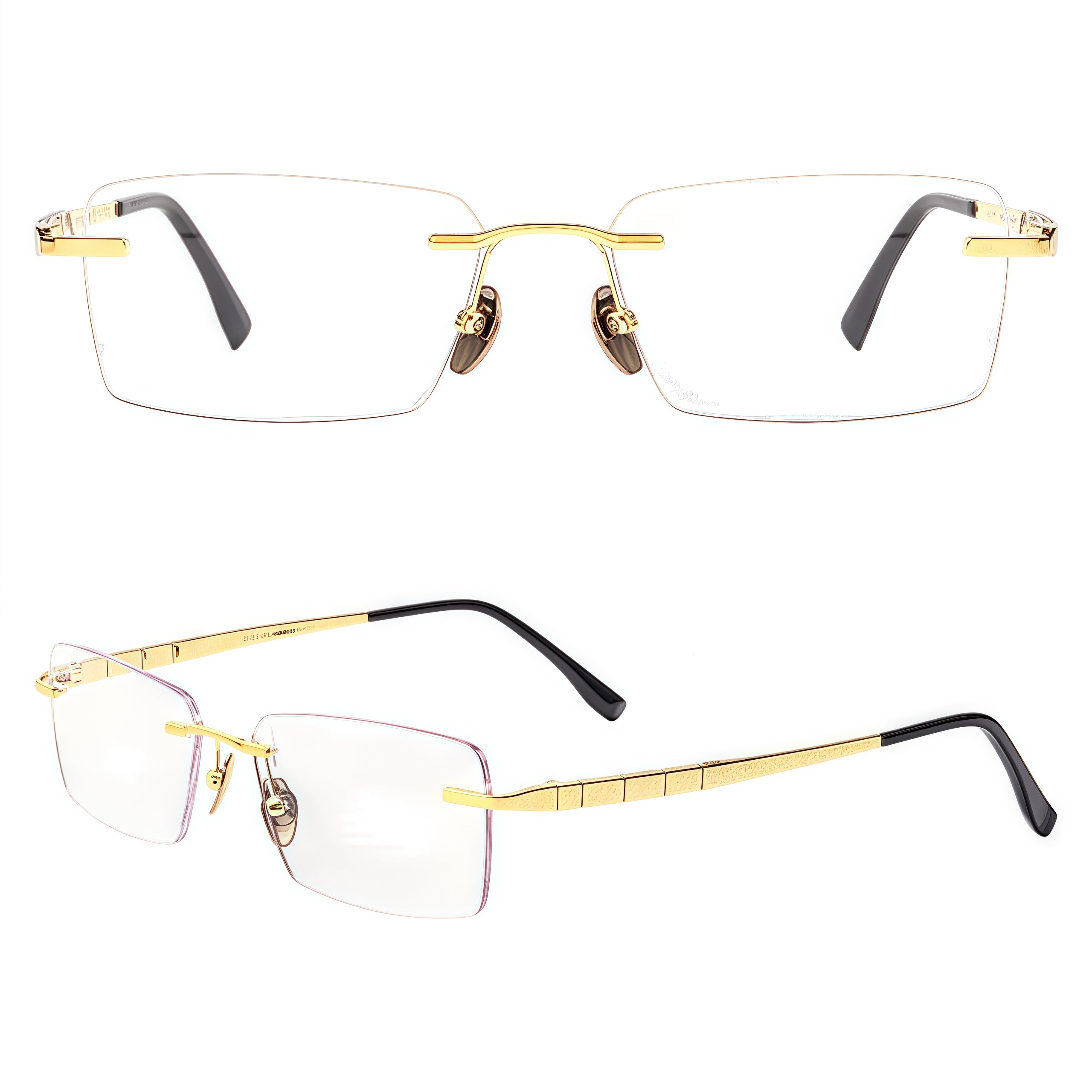 Gold men's pure-titanium rimless rectangular segmented-temple glasses, supplier composite detail