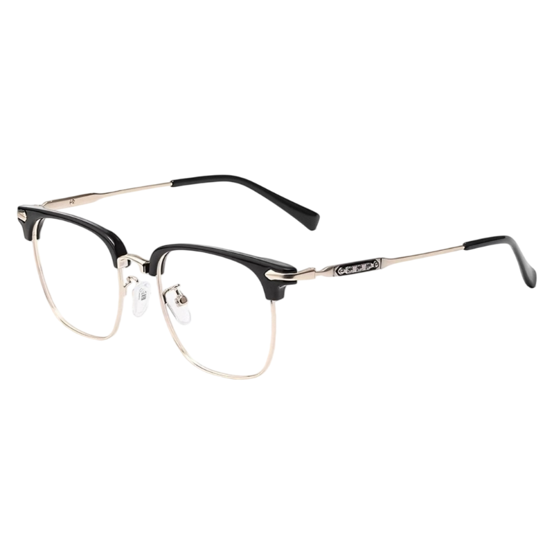 Black/Gold round semi-rimless eyeglass frame, product view