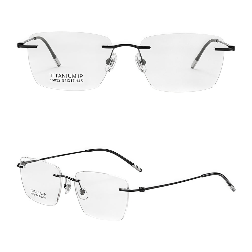 Black unisex pure titanium rectangular rimless eyeglasses, 45-degree view