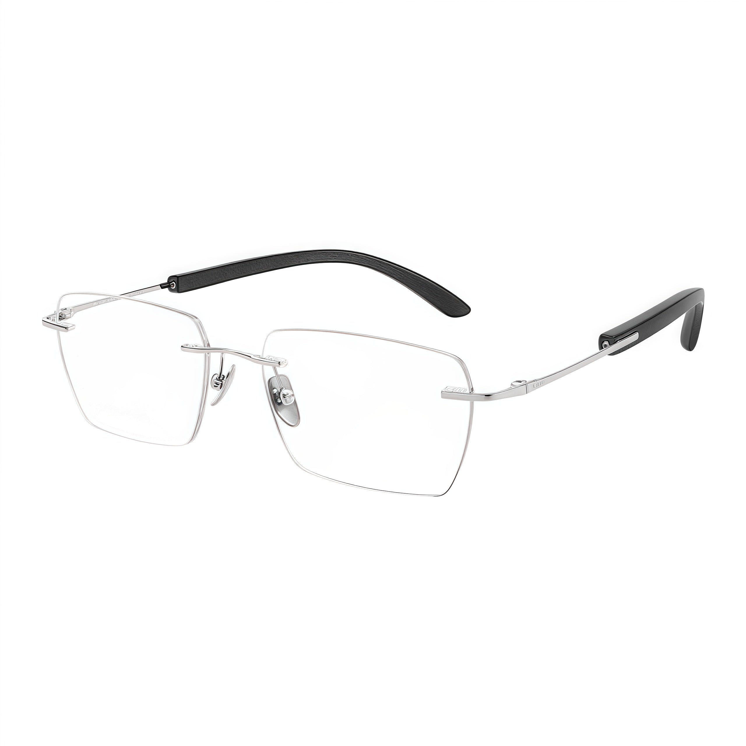Silver men's vintage rimless rectangular glasses in a 45-degree product view