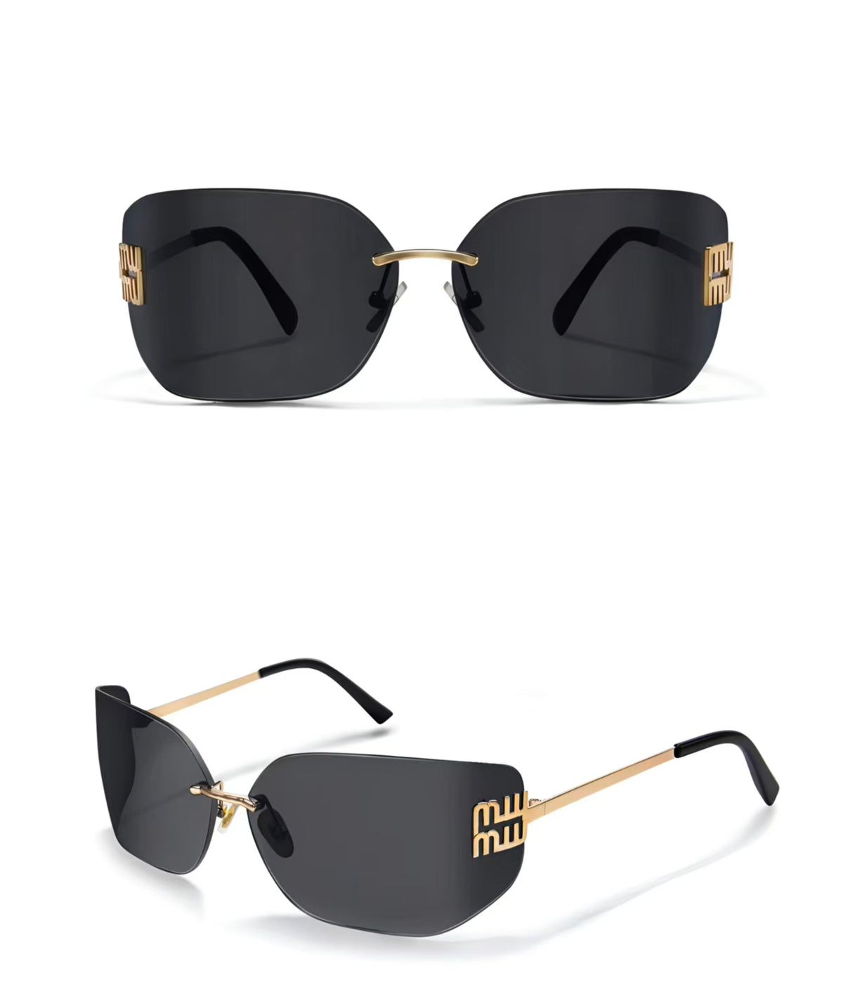 Women’s Black rimless oversized rectangle sunglasses, front and three-quarter product views