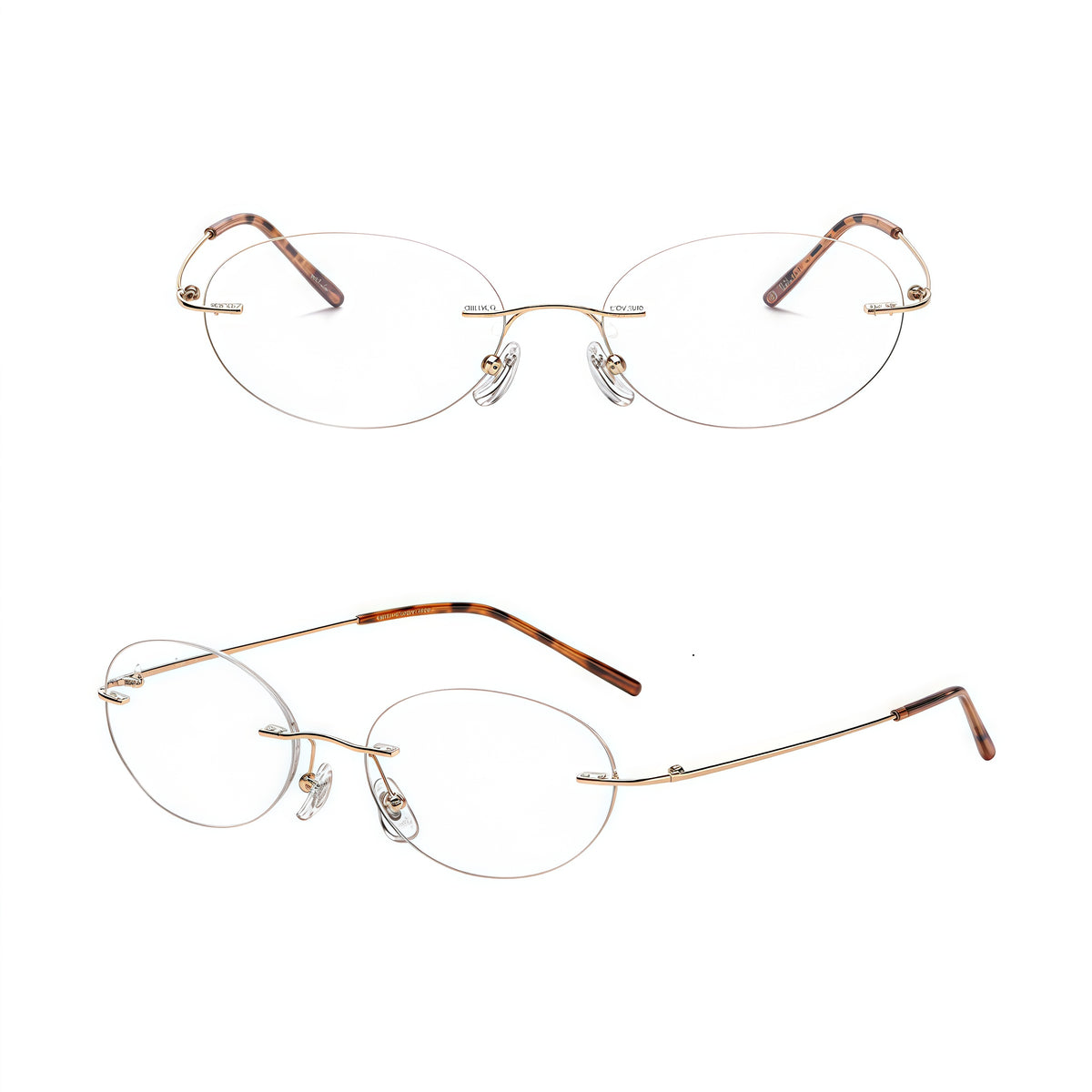 Gold/Tortoise women's titanium rimless oval glasses, supplier front and three-quarter views