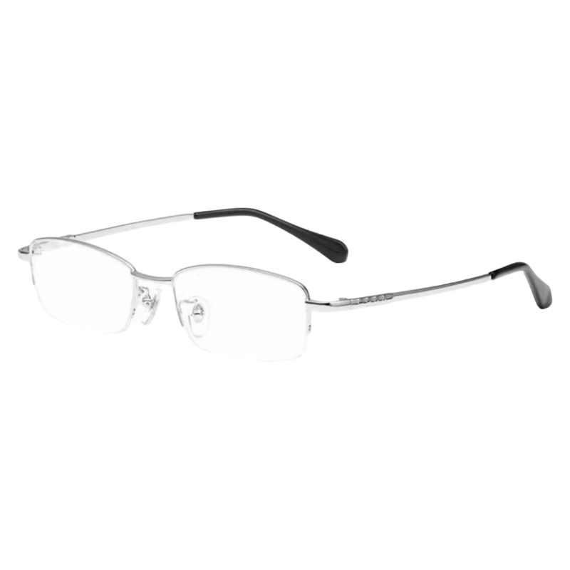 Silver narrow minimalist rectangular profile semi-rimless eyeglass frame, three-quarter product view