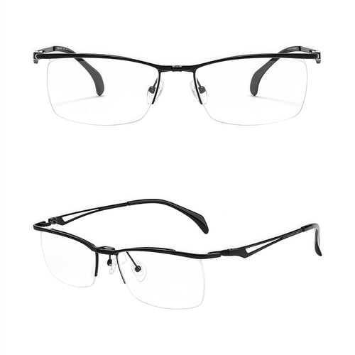 Black titanium semi-rimless rectangular glasses, original front and 45-degree product detail