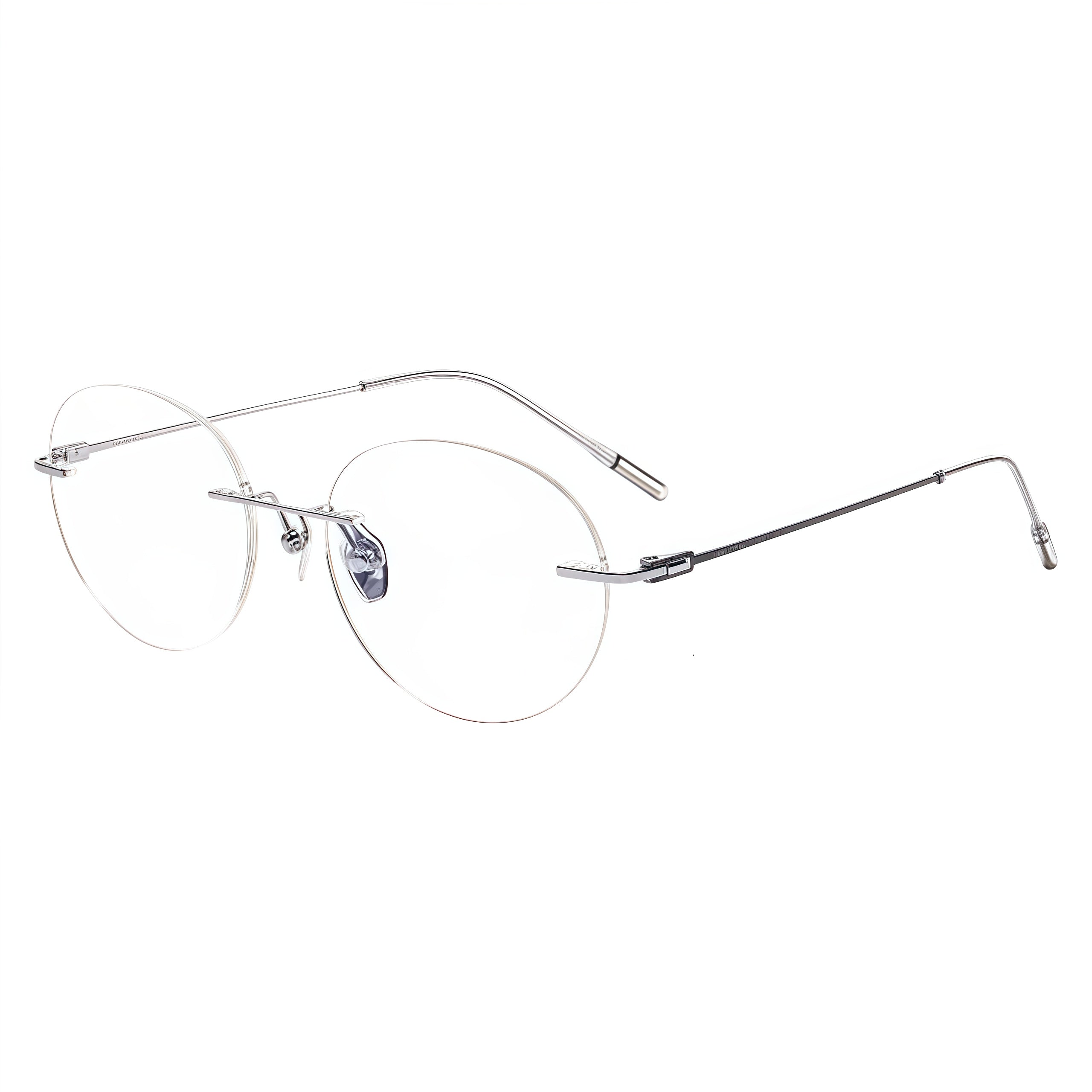 Black/Silver rimless oval titanium eyeglass frames, supplier front and angle reference