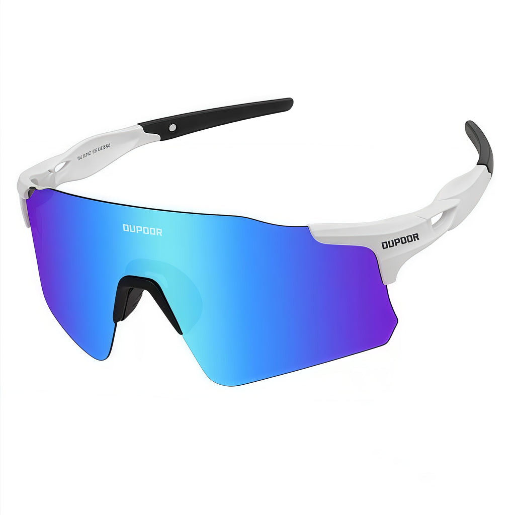 Glossy White Frame/Polarized Blue Lens unisex polycarbonate shield sunglasses, 45-degree view