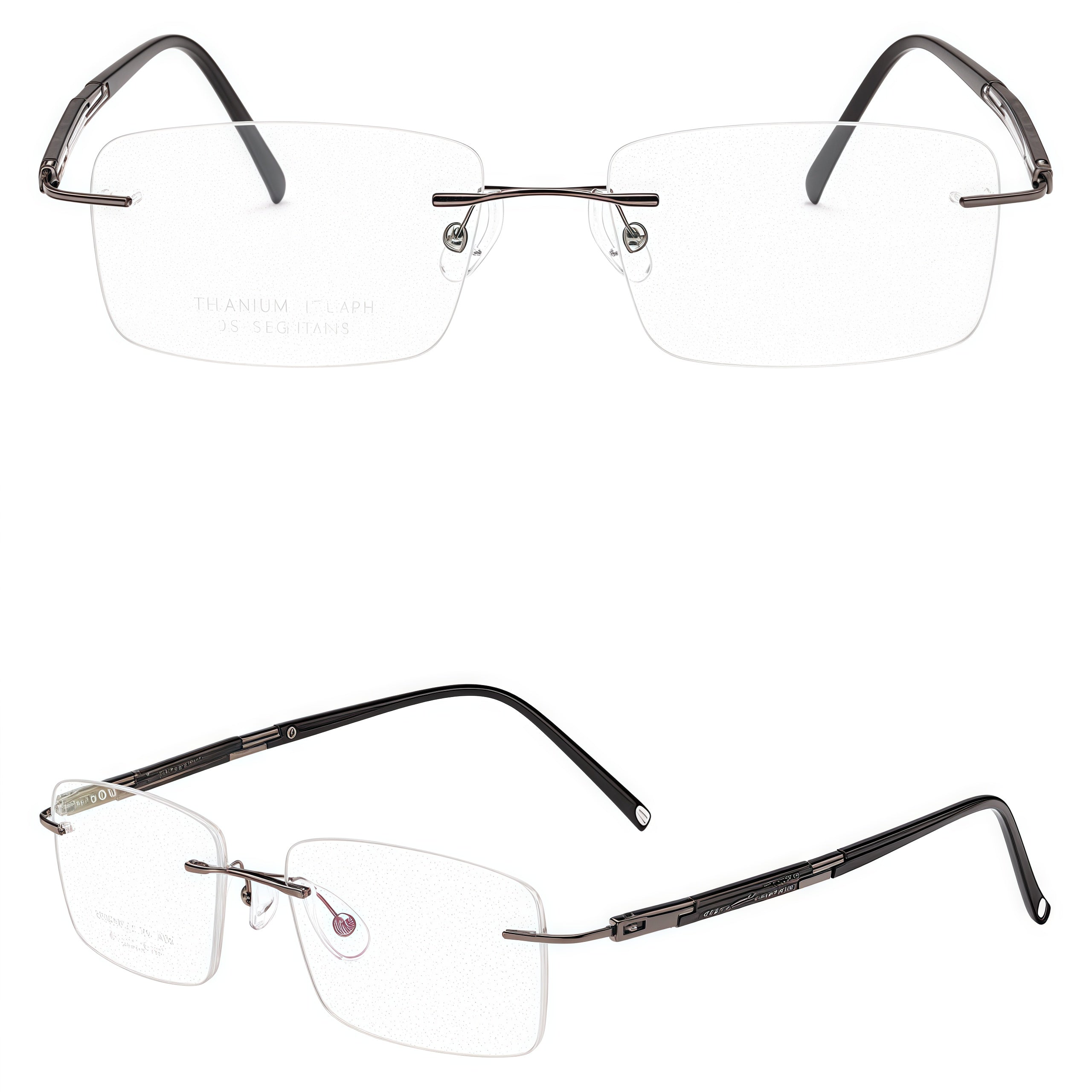 Gunmetal front and 45-degree product views of Modern Business Casual Rimless Eyeglasses