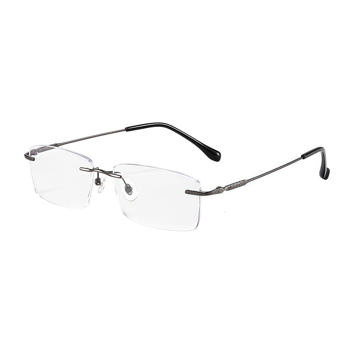 Gunmetal unisex pure titanium rimless slim rectangular eyeglass frames, product view