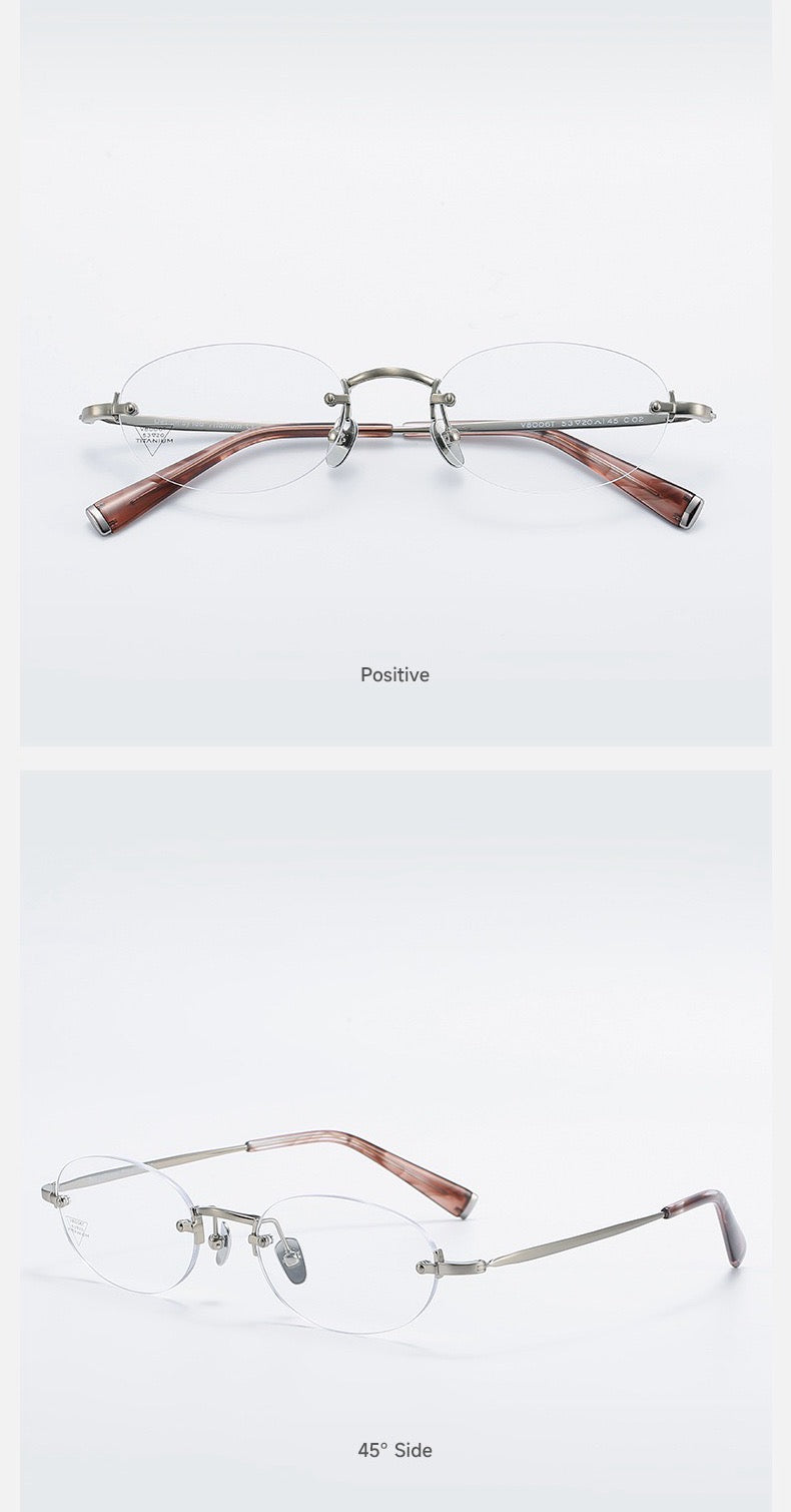 Gunmetal/Brown women's titanium-acetate rimless rounded oval glasses, supplier front and three-quarter views