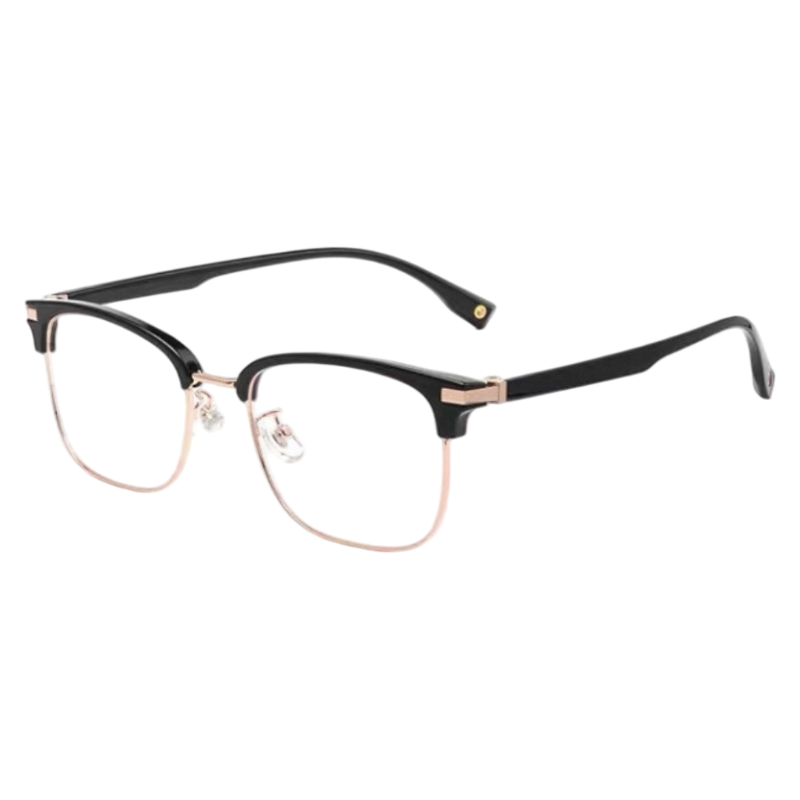 Black and Rose Gold artistic vintage rectangular profile semi-rimless eyeglass frame, three-quarter product view