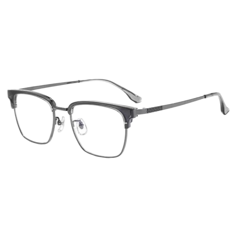 Crystal Grey and Gunmetal refined square browline profile semi-rimless eyeglass frame, three-quarter product view