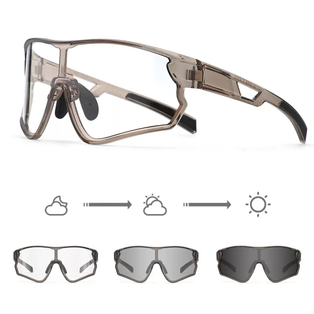 Crystal Antique Bronze Frame/Photochromic Grey Lens unisex tr wraparound shield sunglasses, 45-degree view