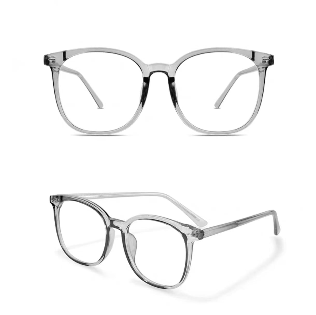 Crystal Gray oversized square full-rim eyeglass frame, front and three-quarter product views