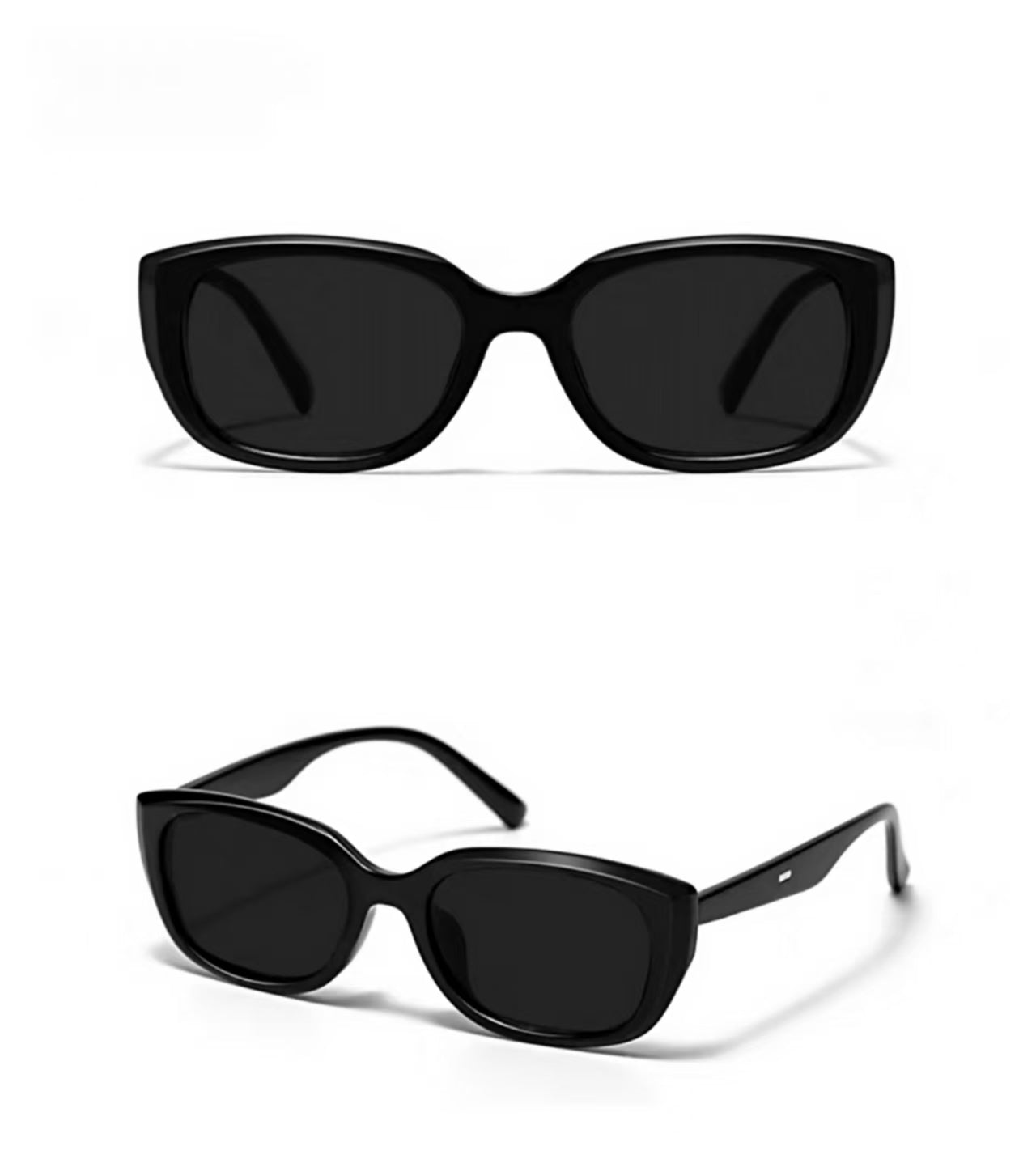 Women’s Black full-rim cat-eye sunglasses, front and three-quarter views