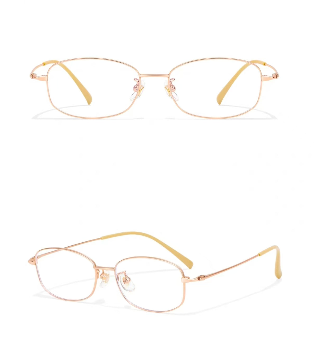 Rose Gold women's ultra-light square full-rim glasses, original front-and-45-degree composite detail