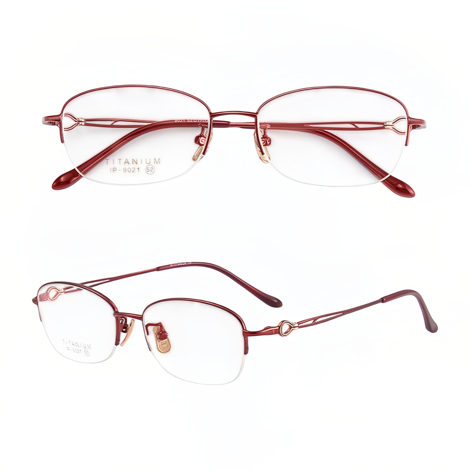 Burgundy women's vintage minimalist pure-titanium semi-rimless glasses, original front and 45-degree detail