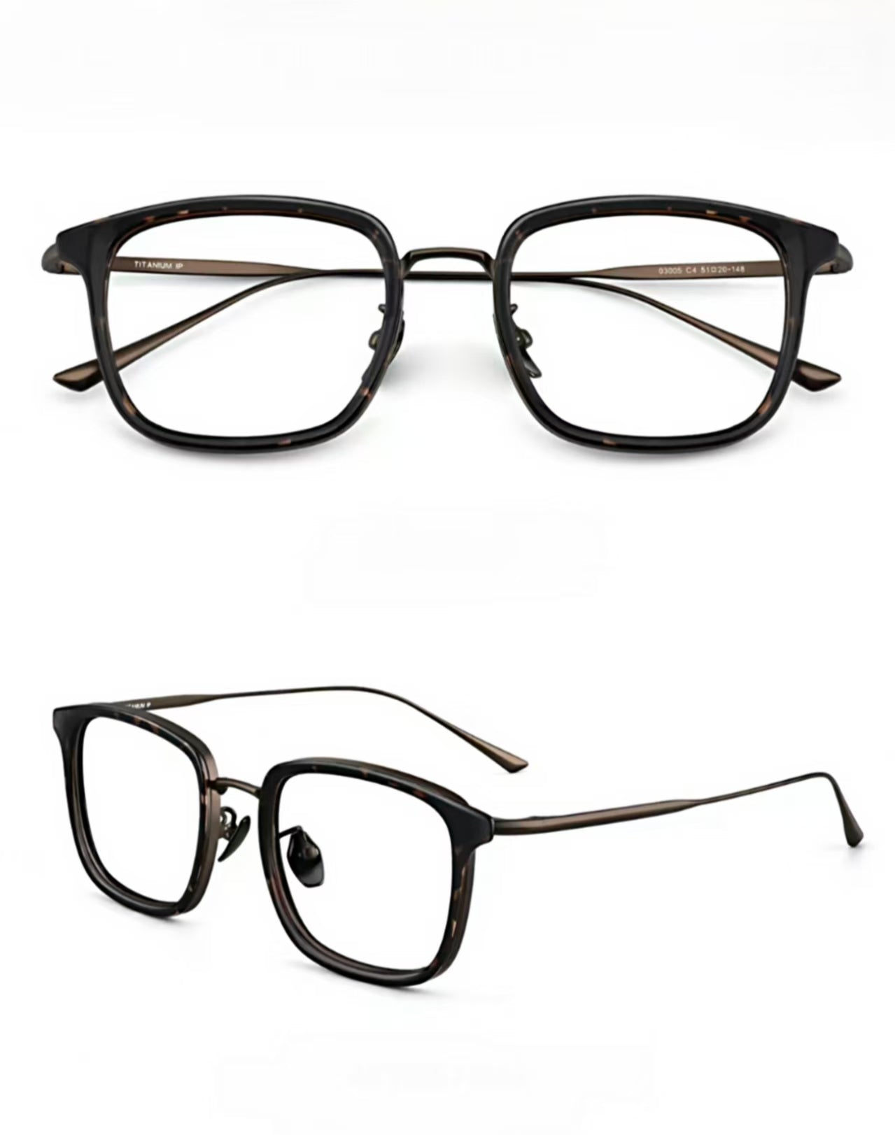 Tortoise Shell titanium and TR square full-rim eyeglass frame, product views