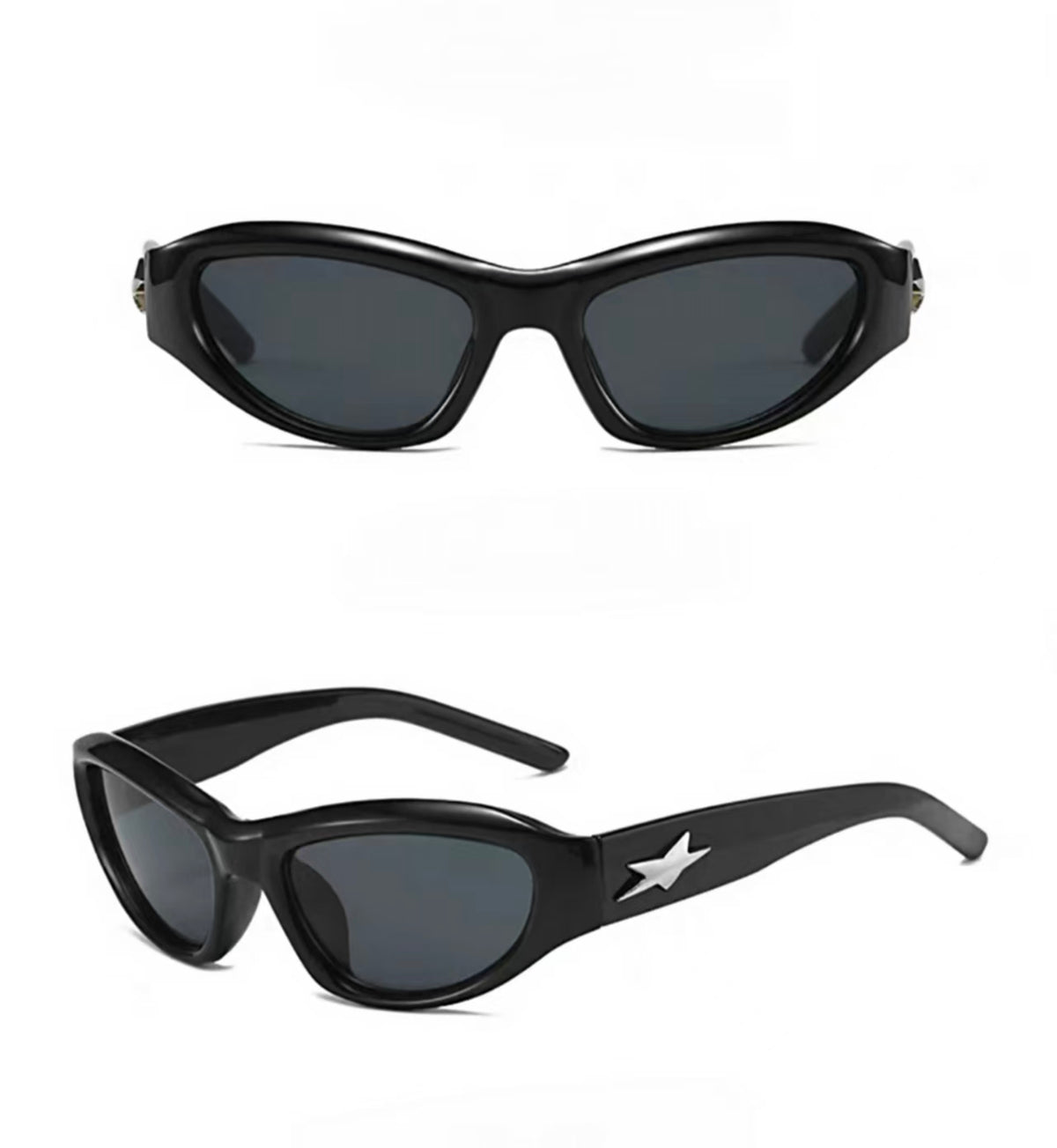 Black full-rim narrow wraparound polycarbonate sunglasses, front and three-quarter views