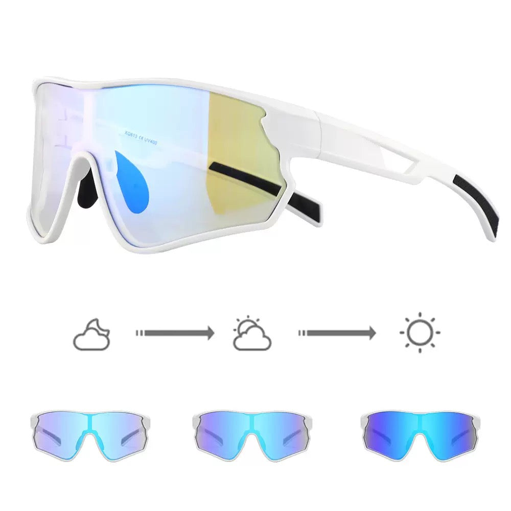 Matte White Frame/Photochromic Blue Mirror Lens unisex tr wraparound shield sunglasses, 45-degree view