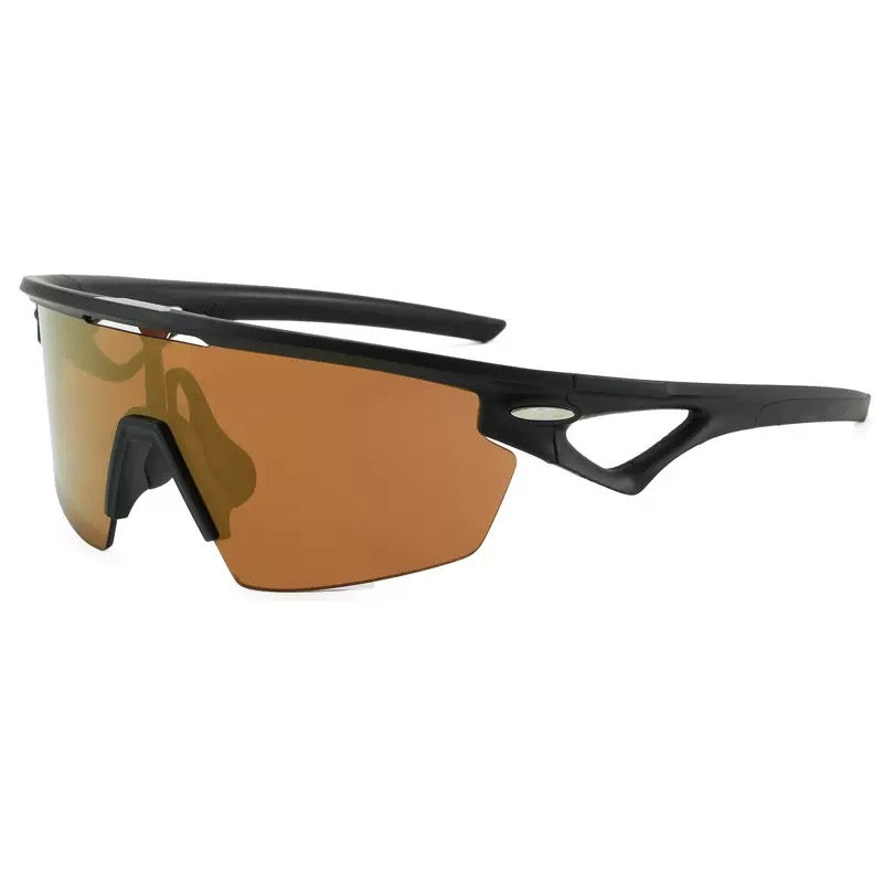 Black TR semi-rimless shield sports sunglasses with copper-orange lens, 45-degree view