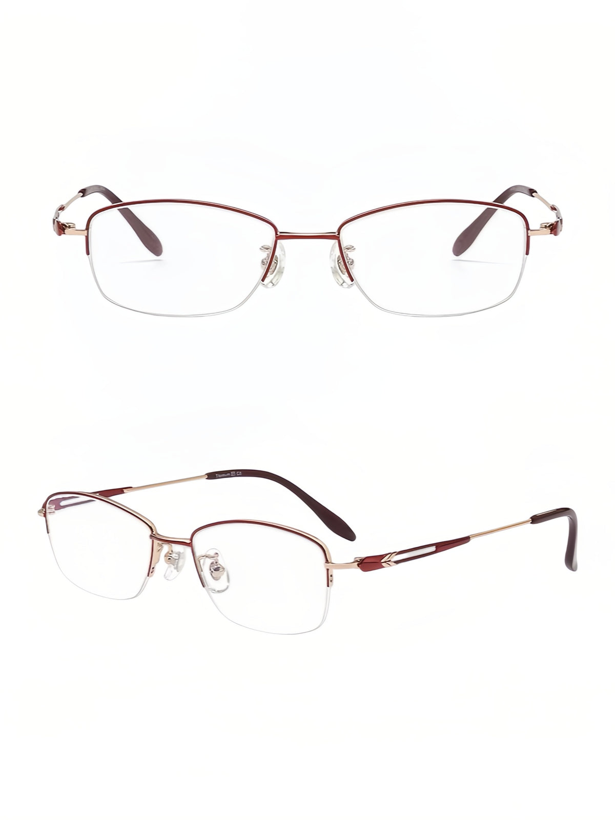 Burgundy and Rose Gold women's minimalist pure-titanium semi-rimless glasses, original front and 45-degree detail