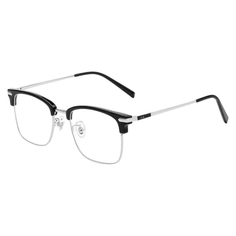 Black and Silver modern round-square browline profile semi-rimless eyeglass frame, three-quarter product view