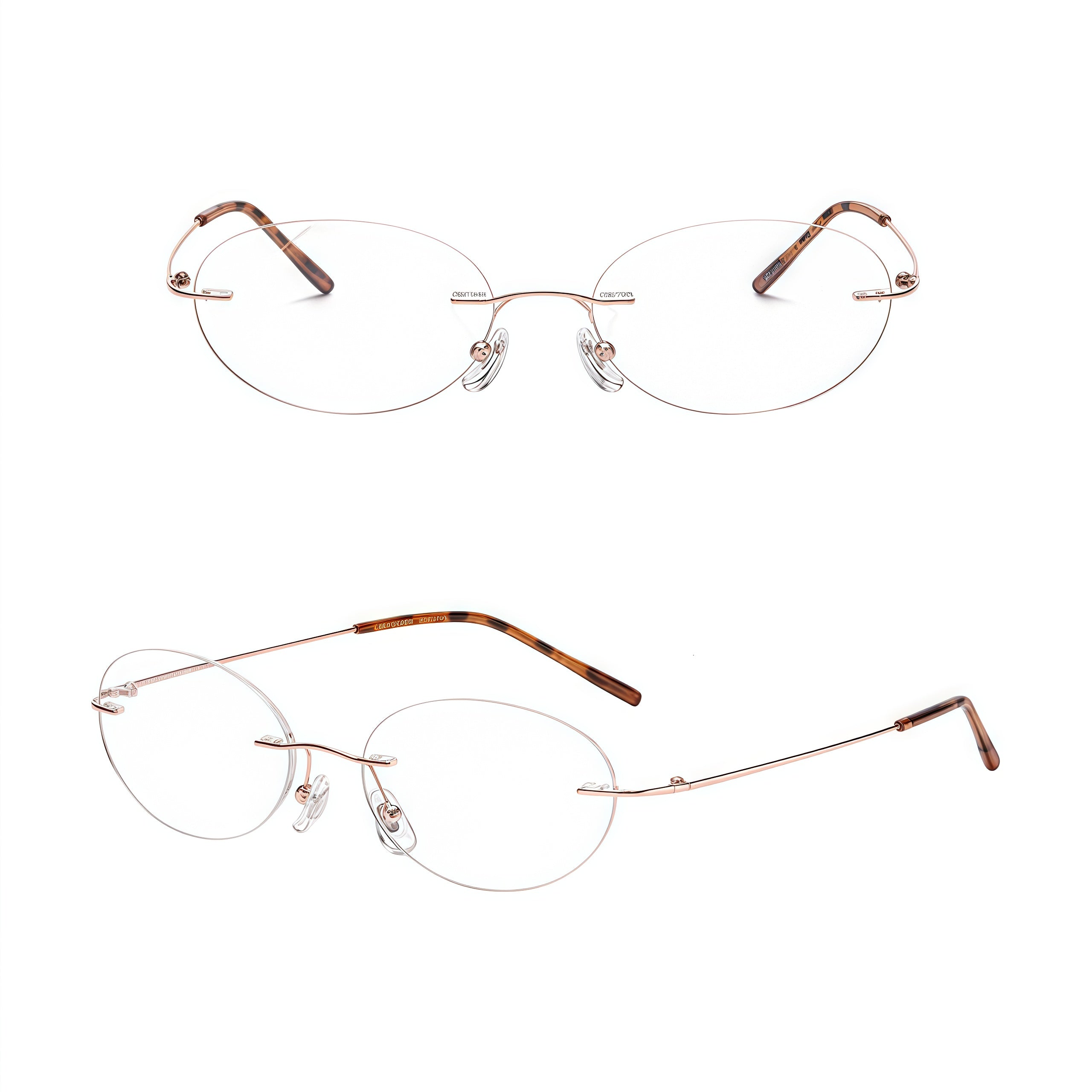 Rose Gold/Tortoise women's titanium rimless oval glasses, supplier front and three-quarter views
