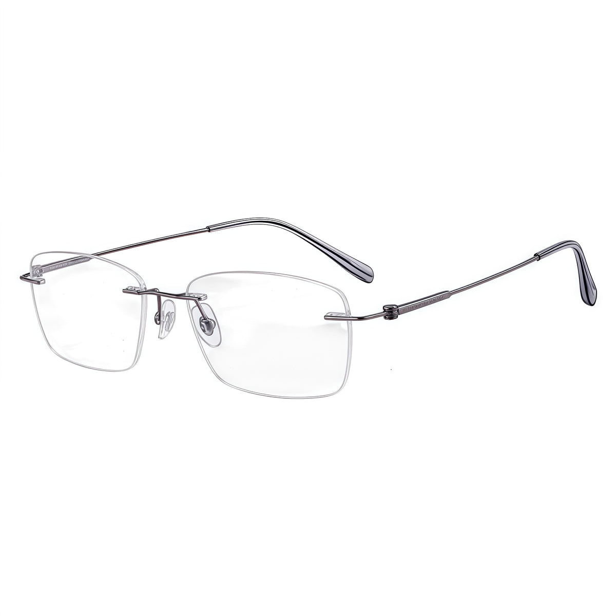 Gunmetal unisex pure titanium rimless rectangular glasses, supplier front and three-quarter views
