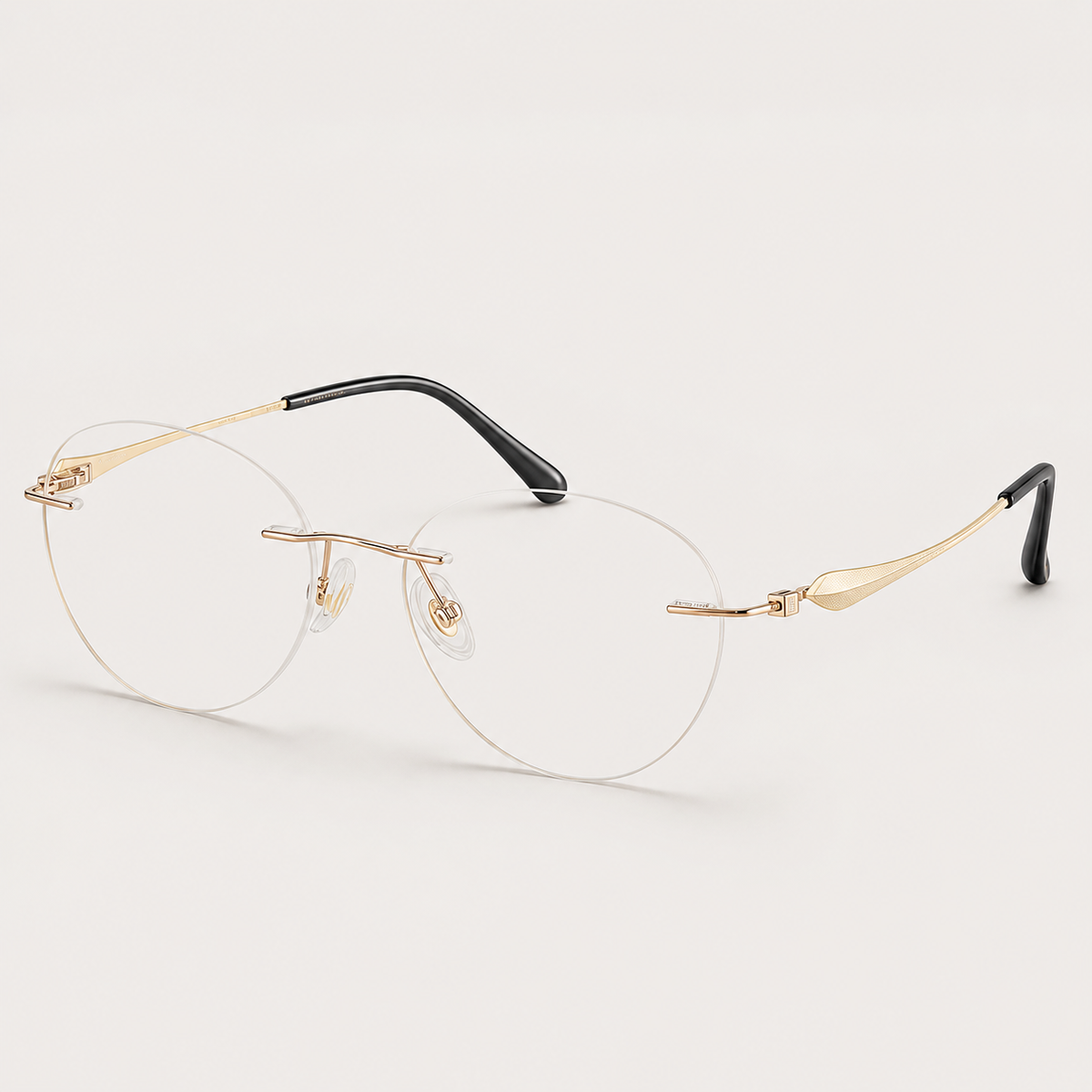 Champagne Gold pure titanium rimless soft oval eyeglasses, 45-degree product view