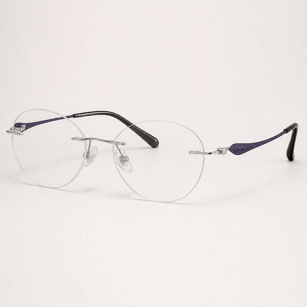 Matte Purple/Silver pure titanium rimless soft oval eyeglasses, straight-on product view