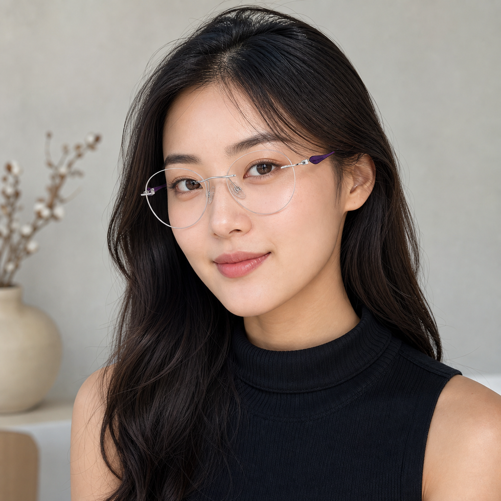 Matte Purple/Silver pure titanium rimless soft oval eyeglasses, three-quarter adult model fit