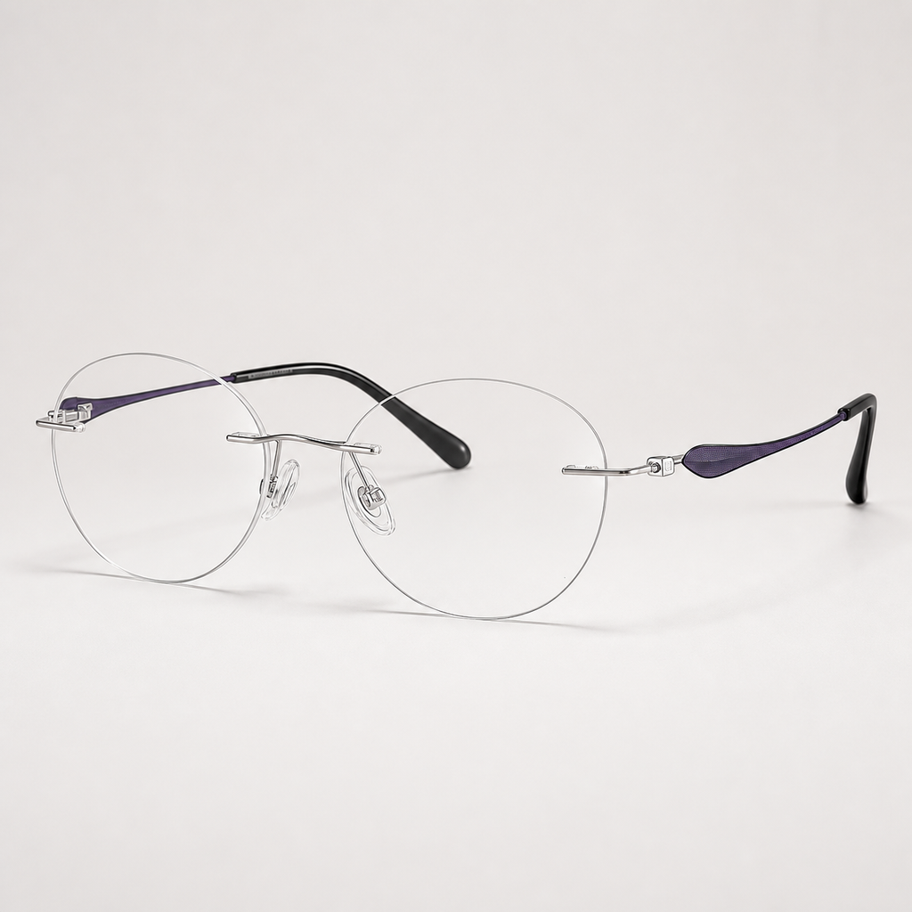 Matte Purple/Silver pure titanium rimless soft oval eyeglasses, side-profile product view