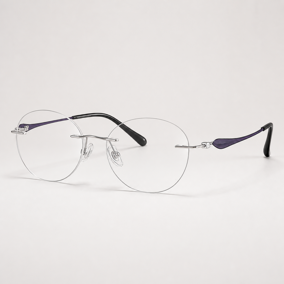 Matte Purple/Silver pure titanium rimless soft oval eyeglasses, side-profile product view