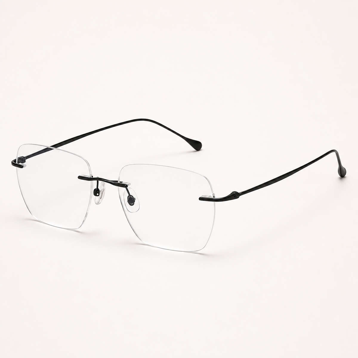 Black titanium rimless soft-square eyeglasses, 45-degree product view