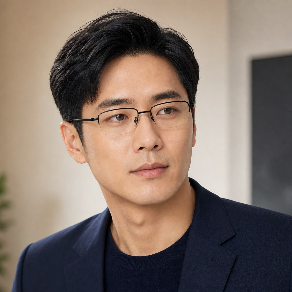 Black Classic Business Pure Titanium Semi-Rimless Glasses worn by an adult East Asian man