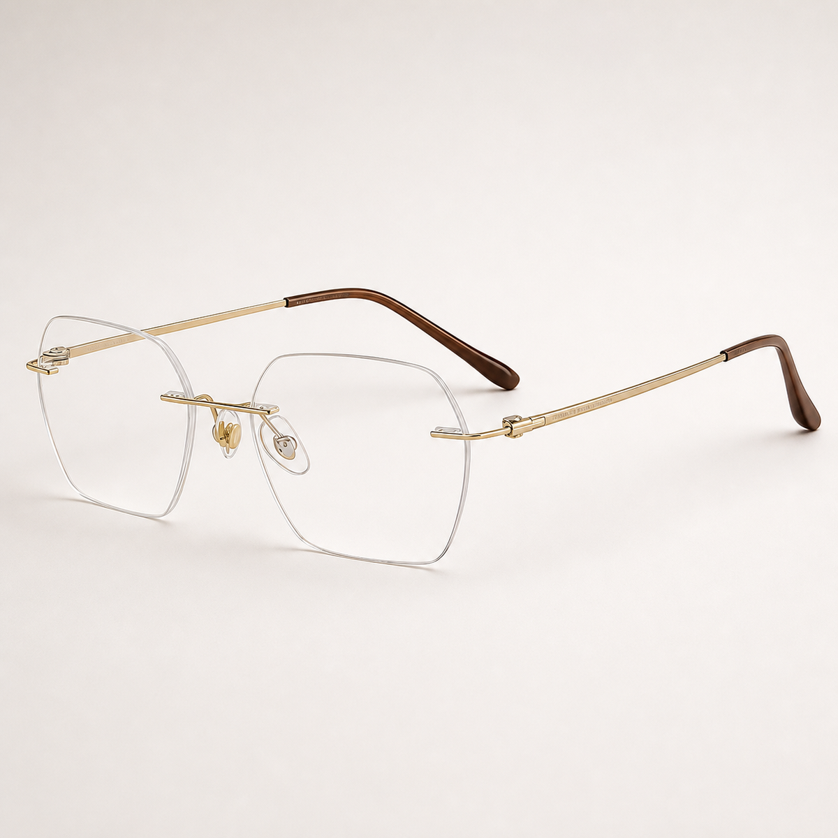 Gold pure titanium rimless geometric rectangular eyeglasses, 45-degree product view